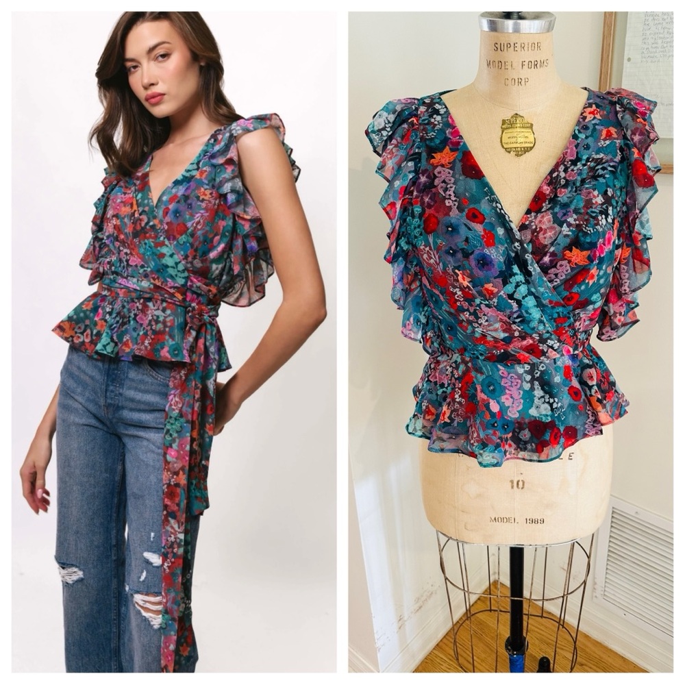 HUTCH Wrap Floral Peplum Flutter Sleeve V-Neck Blouse, Small NWT